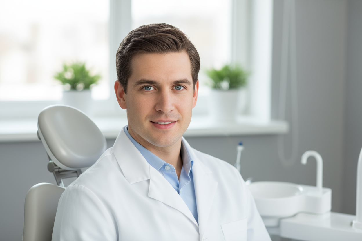 male dentist, blue eyes, brown hair, sitting on the seat in the clinic photographed for a shoulder above shot for website